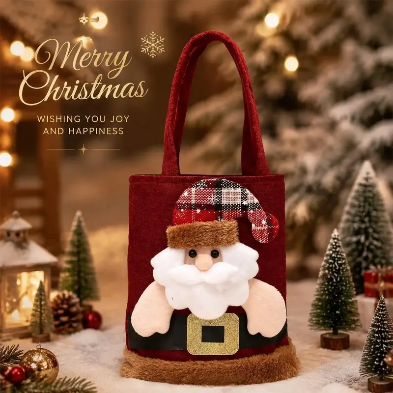 High Quality Linen Cloth 3D Santa Figurine Reusable Candy Treat Bags with Handles, 37x20cm (14.57x7.87inch) Christmas Home Decoration Gift Packs, Festive Party Favor Sacks for All Ages, Bars