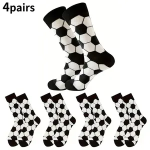A Pack of 4 Pairs of Socks in Black And White with a Football Pattern, Suitable for Both Boys And Girls, Featuring a Trendy Striped Design And Mid-Calf Length, Perfect for Everyday Wear