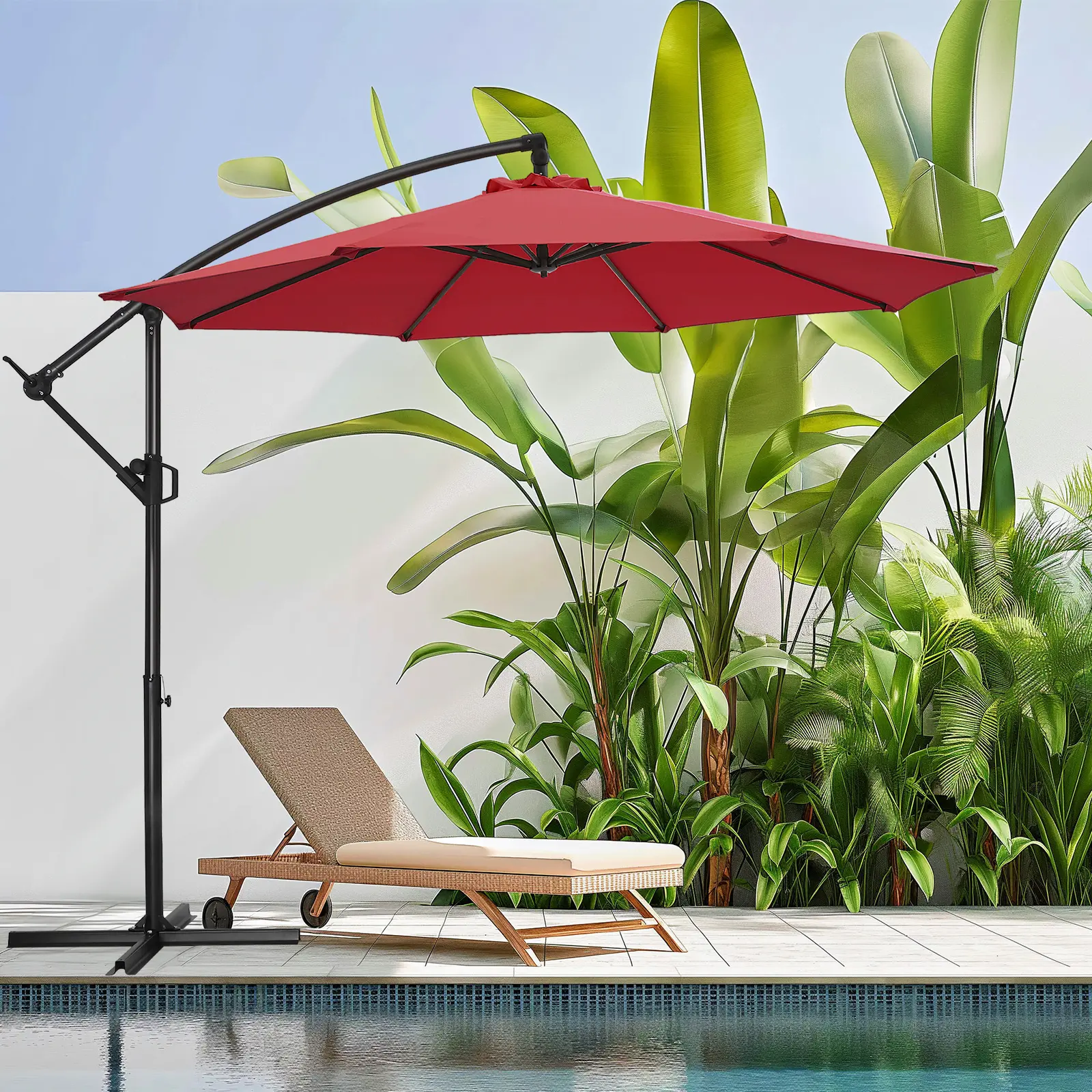 【SummerVibes】10ft Patio Umbrella with Base Included, Outdoor Offset Cantilever Umbrella with Sandbag Base for Backyard, Garden and Pool, Easy to Tilt and Crank,  Red