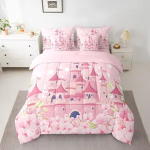 7 Pieces Fairytale Princess Comforter Set,Pink Castle Dreamy Bedding Set,Cute Pink Flower Print Bed in A Bag with Comforter,Sheets and Pillowcases,Kids Girls Room Decor,Soft
