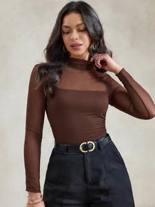 women's sexy sheer mesh patchwork long sleeve top, round neck half high collar tight-fitting fall & winter fashion, womenswear