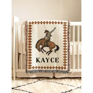 Western Baby Blanket with Name Woven Fringe Throw Cowboy Custom Bronco Blanket Boy Western Nursery Crib Blanket Birthday Gift Kids