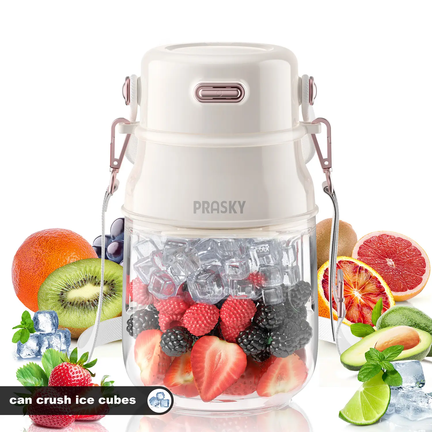 Prasky Portable Blender, Personal Blender for Shakes and Smoothies with 27oz Cup, Lid and Shoulder Strap, Type-C USB Rechargeable, Dishwasher Safe Par