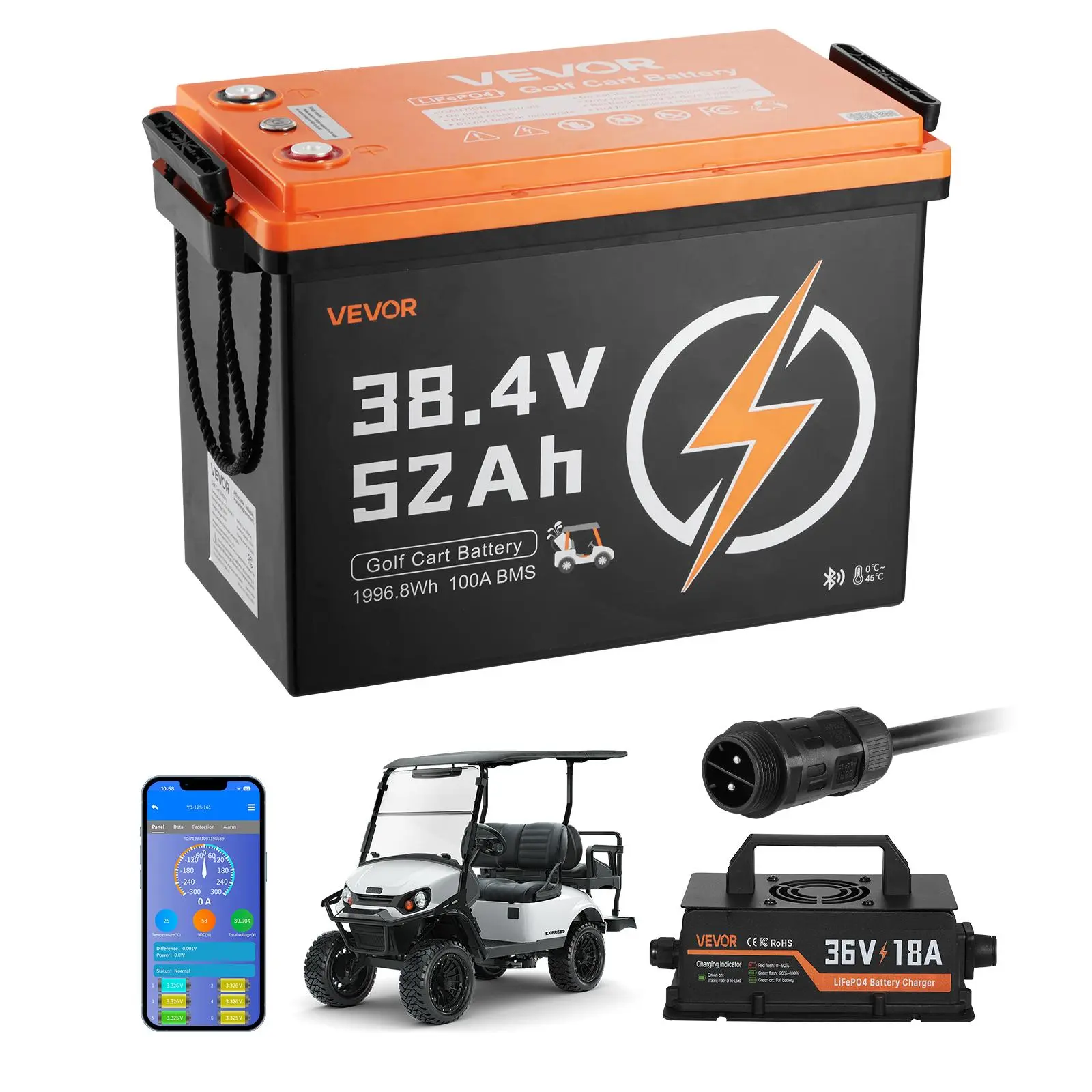 【DealsForYouDays】VEVOR High-Capacity 36V (38.4V) 52AH Lithium Ion Golf Cart Batteries Kit, 18A Charger Included, Built-In 100A BMS, 4000 Cycles, 2C Discharge Rate, Bluetooth Functionality, Mobile APP, Dustproof, for Golf Carts-Trolling Motors