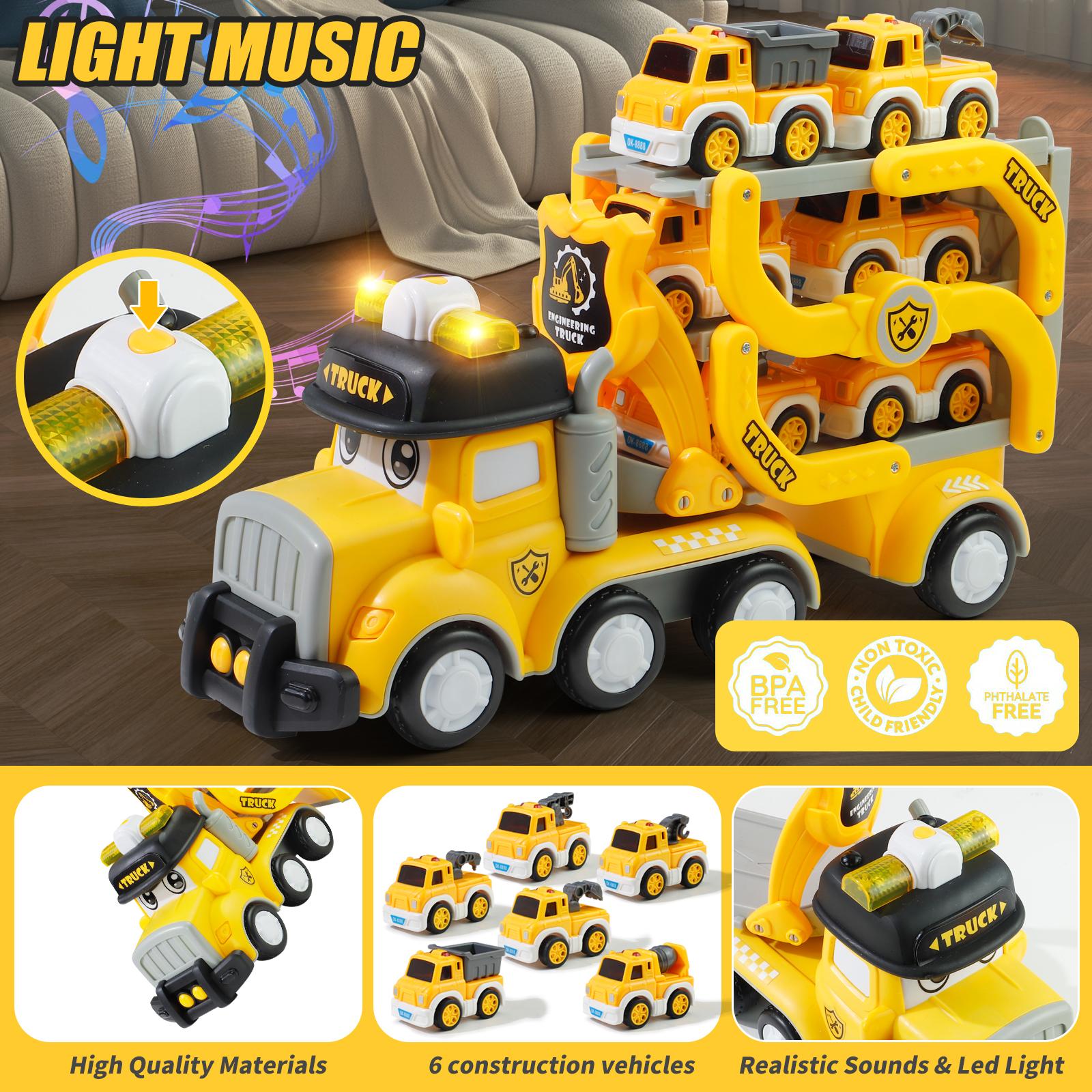 7-in-1 Transporter Car Carrier Truck Toy for Kids with  6 Mini Construction Vehicles, Track, Music, Lights