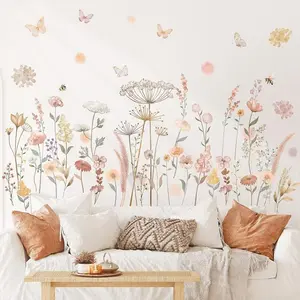 Bohemian Floral Grass Wall Sticker, Watercolor Butterfly Girl Bedroom Self-Adhesive PVC Decal, Living Room Wall Decoration
