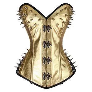 Gold Leather Steampunk Steel Boned Overbust Corset Comfort Cotton