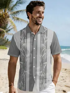Men's 3D Fashion Summer Printed Collared Shirt, Striped Bamboo Leaf Short Sleeve, Outdoor Casual Wear, Beach Vacation Travel, Lightweight Breathable