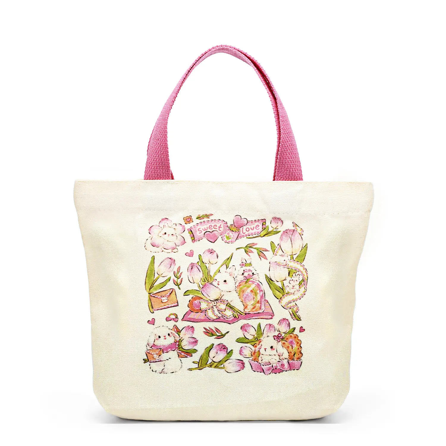 BunnyLulu Cute Mini Canvas Tote Bag for Women, Girly Feminine Handbag for Back to School Shopping, Reusable Durable Lunch Bag, Durable Lunch Bags