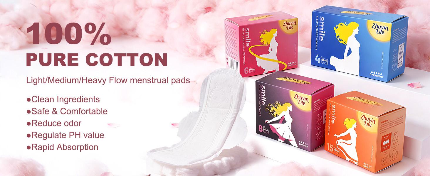 Zhuyinlife Organic Cotton Menstrual Pads 80ct | 8HR Odor Control, Leakproof, Super Absorbent Unscented, All Flow Day & Night Zhuyinlife Organic Cotton Menstrual Pads 80ct | 8HR Odor Control, Leakproof, Super Absorbent Unscented, All Flow Day & Night