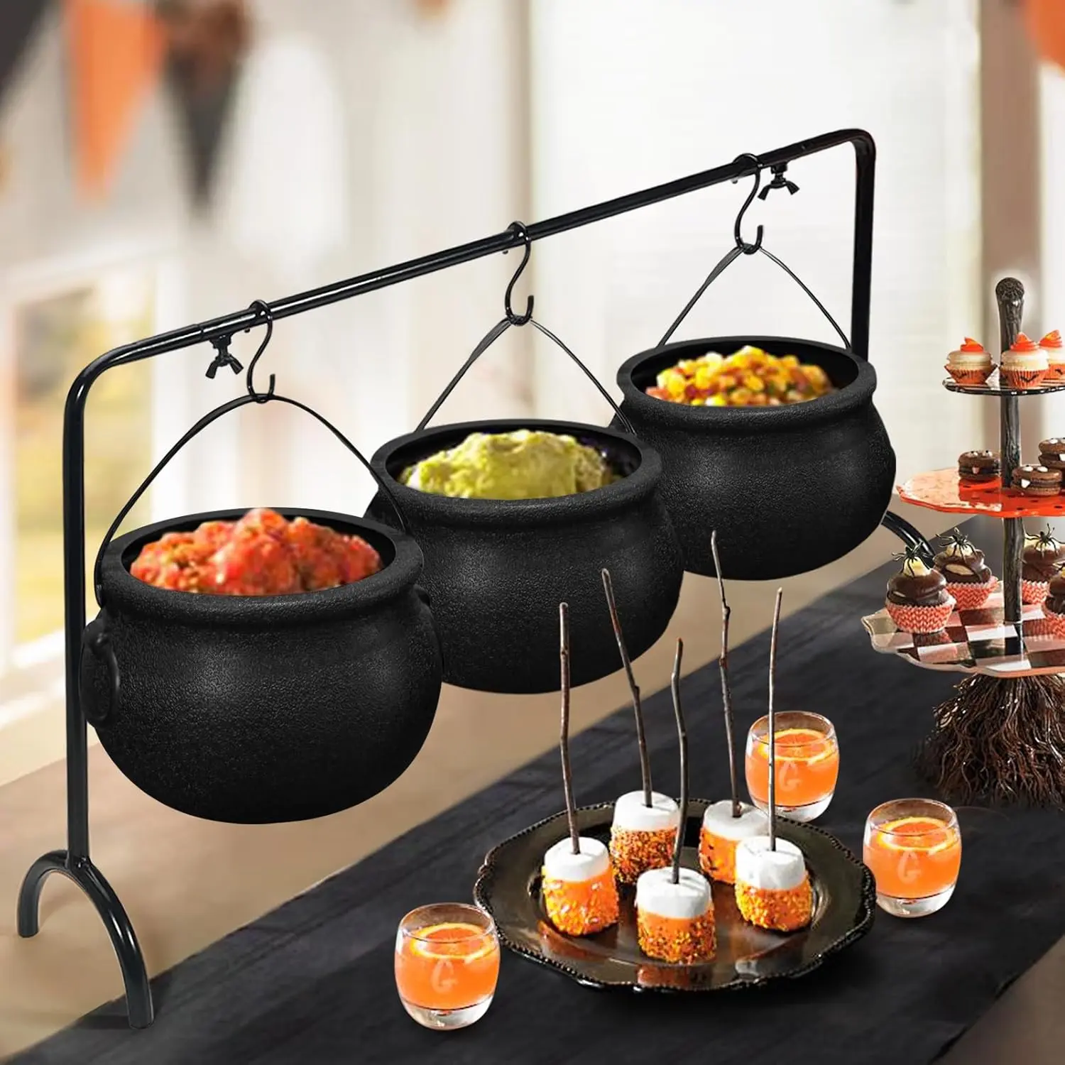 ORIENTAL CHERRY Classic Metal 3-Pack Witches Cauldron Serving Bowl Set with Display Rack, Spooky Halloween Party Candy Dish, Indoor Kitchen & Fall Table Decor