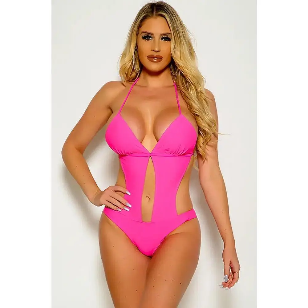 Hot Pink Halter Cut Out  Monokini