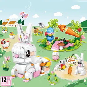 Easter Building Block Set, Animal Rabbit Carrot House, 12-In-1 DIY Assembly Toy, Fun Kids Construction Kit, Rabbit Easter Christmas Birthday Gifts
