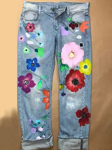 Women's Loose Fit Embroidered Denim Jeans Pants, Long Regular Length, Button Fly Closure, Casual Outwear, All Seasons, Plus Size Available