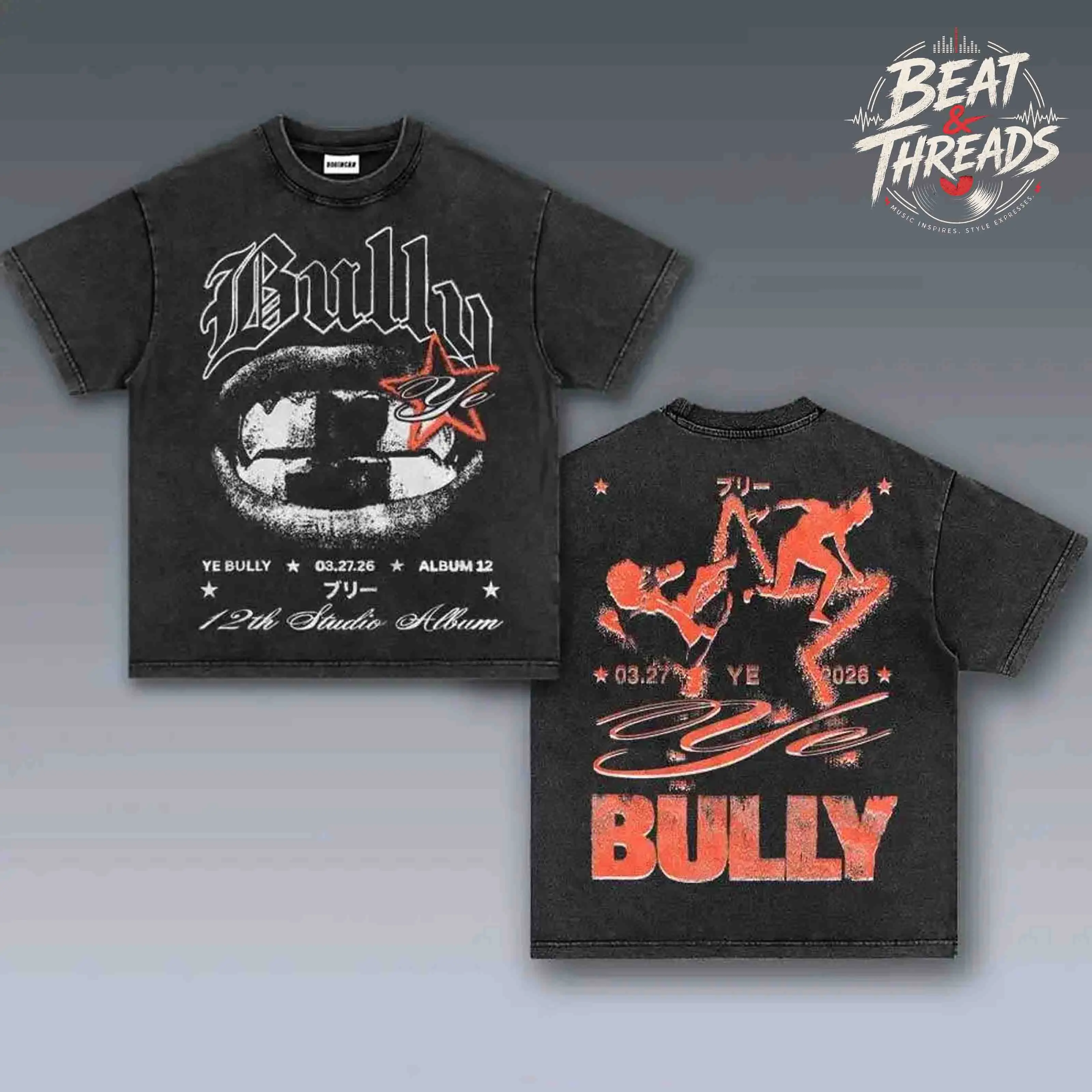 [ Beat & Threads ] YE Bully Album Inspired Tracklist Graphic Premium Acid Washed Cotton T-Shirt, Vintage Hip-Hop Streetwear Tee, Washed Black Oversized Heavyweight Shirt for Rap Music Fans, Concert Outfit, Unisex Graphic Tee, Soft Breathable Cotton