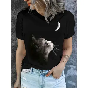 Cat Print Short Sleeve T-shirt, Casual Crew Neck Top For Spring & Summer, Women's Clothing