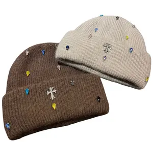Fashion Cross Light Luxury Colorful Rhinestone Artificial 100% Plush Knitted Hat Winter Beanie with Earmuffs for Outdoor Warmth and Fashion Headwear