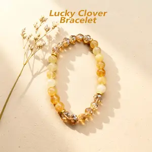 Father's Day Sale Natural Citrine and Four-Leaf Clover Braceletwith 18K Gold Spacers, Luck & Abundance Healing Crystal Jewelry for Women and men