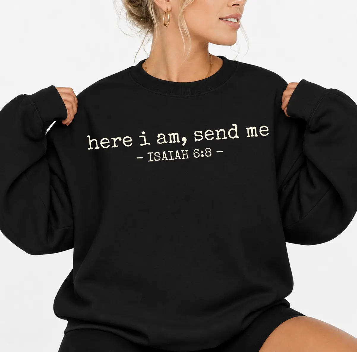 Women's Long Sleeve Printed Crewneck Pullover Sweatshirt, Fitted Casual Christian Apparel with Isaiah 6:8 "Here I Am Send Me" Bible Verse Shirt, Missionary Faith Gifts, Cotton