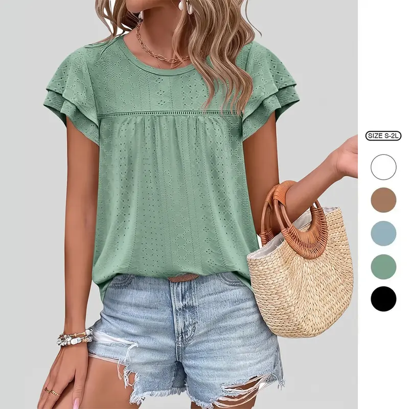 Imily Bela Womens Summer Tops Crewneck Eyelet Ruffle Sleeve Blouses Casual Babydoll Shirts