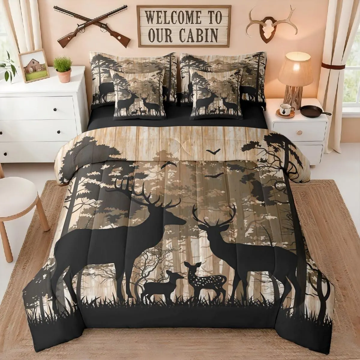 Rustic Woodland Deer Bedding Set 7 Piece | Vintage Farmhouse Comforter Set with Sheets Forest Animal Deers Bed in A Bag Adult Men,Cabin Lodge Decor Bed Sets