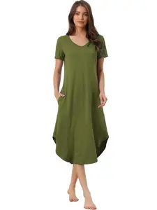 INSPIRE CHIC Women's Nightshirt Short Sleeve Long Nightgown V Neck Lounge Dress with Pocket