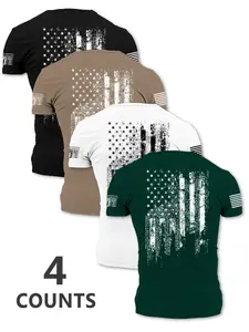 Men's Flag Series Round Neck Casual Streetwear Fitted Short Sleeve, Summer Comfort T-Shirt Outdoor T-Shirt 4 Pack, Daily Casual Wear Top