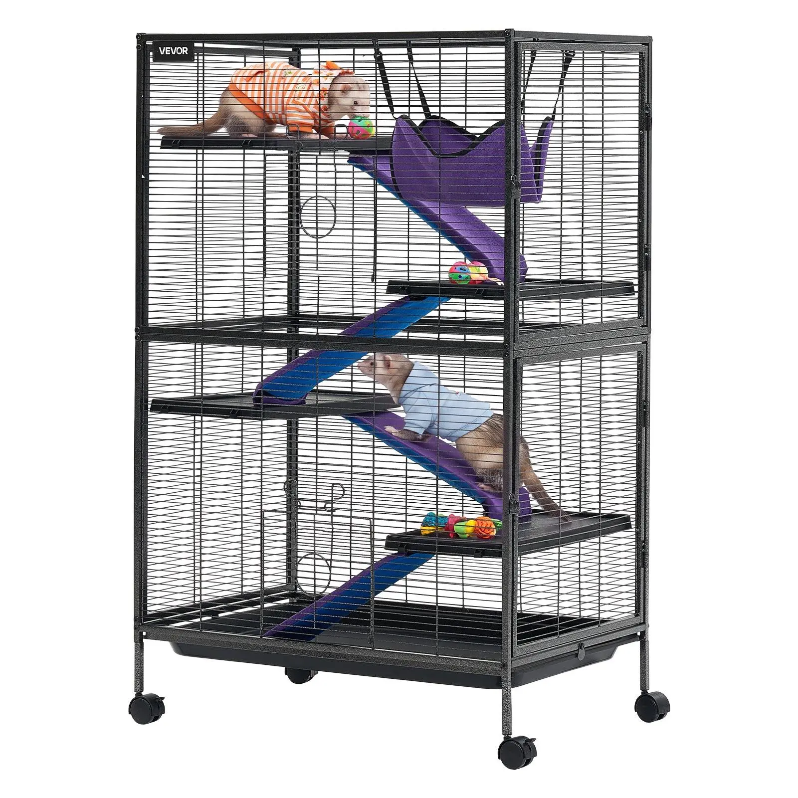 VEVOR Metal Small Animal Cage 50"H 5-Tier Rolling Ferret Cage On Wheels, 0.55" Wire Spacing Large Cages with Hammock, Ramps, Tray & Doors for Ferret, Chinchilla, Sugar Glider, Guinea Pig & Rabbit#BackToSchool