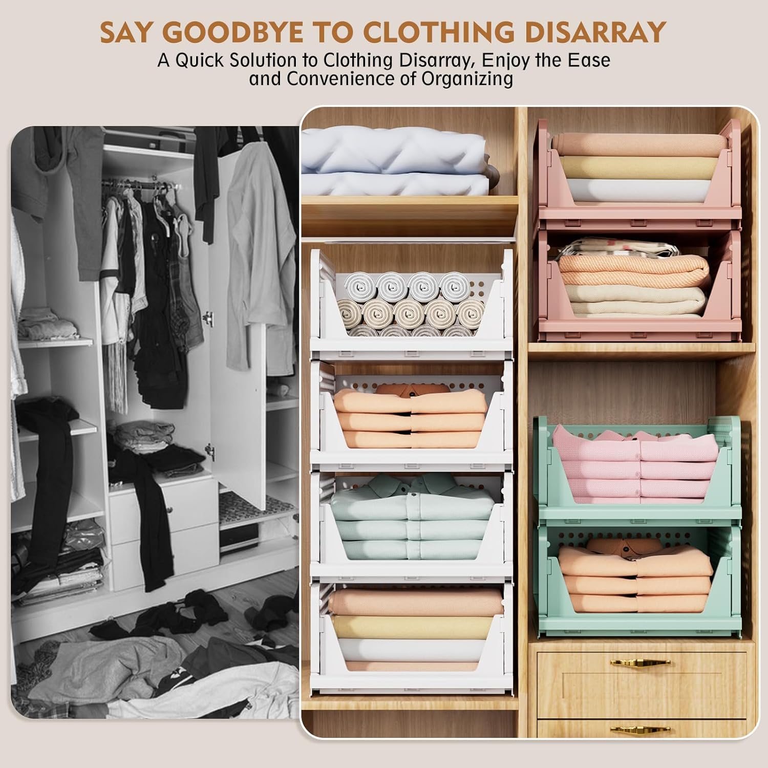 5 Pack Stackable Closet Storage Basket, Multifunctional & Foldable Closet Organizer for Bathroom Kitchen Laundry Room Wardrobe Storage, Space-Saving Clothes Storage Drawer Organizer, White