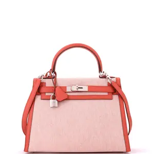 Pre-owned HERMÈS Canvas Plain, Leather Top Handle Bags Hermes Kelly Handbag Toile and Brique Swift with Palladium Hardware 28 by Rebag