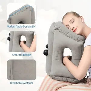 Portable Inflatable Nap Pillow - Comfortable Neck Support for Aviation Train Car and Office Use Easy Nap Air Cushion Soft Microfiber Cover Gray Perfect Angle Design 60 Arm Jack Design Breathable Material