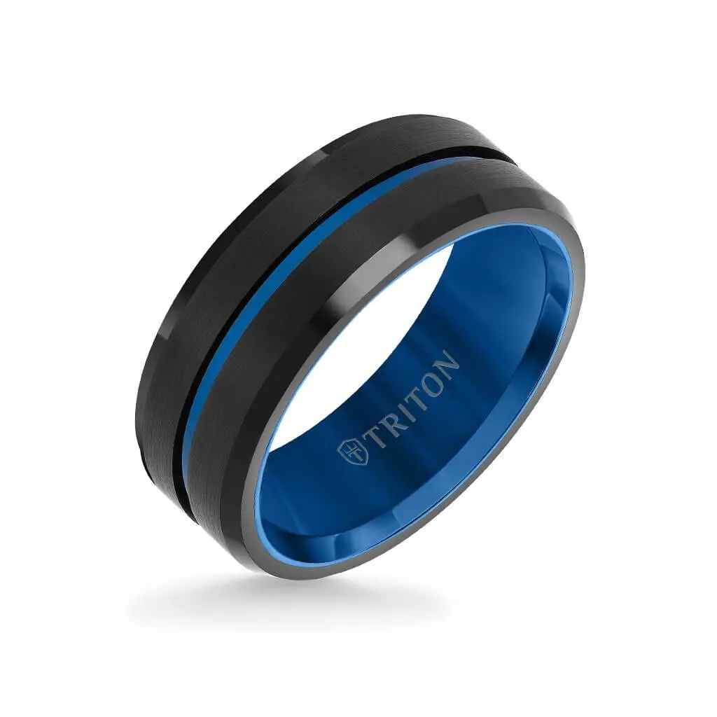 Triton Black Tungsten Carbide Blue Inlay Wedding Band, Size 10