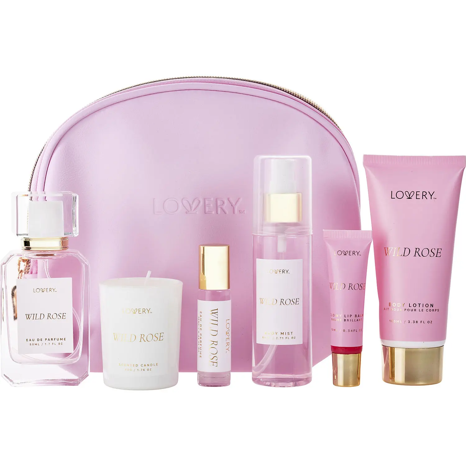 Lovery Wild Rose Set-Parfum Spray 1.7 Oz & Body Lotion 3.4 Oz & Body Mist 2.7 Oz & Candle 1.7 Oz & Parfum Roll-On 0.34 Oz Mini & Lip Balm 0.34 Oz & Bag For Women