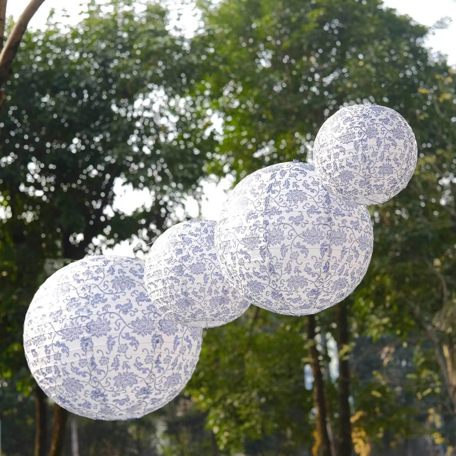 8-Piece Multi-Size Blue and White French Toile Floral Hanging Paper Lanterns Set - 6in, 8in, 10in, 14in - Home & Festive Party Supplies for Baby Showers, Birthday, Christmas Decor, Home Supplies