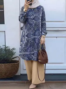 Women's Muslim Modest Casual Set, Button Front Long Sleeve Printed Shirt + High Waist Loose Straight Pants, All Seasons, Daily Wear
