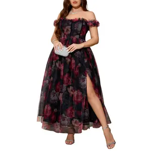 EYWOL Women's Plus Size Floral Off Shoulder Tulle Maxi Dress for Formal Party & Wedding Guest Evening Gown with Smocked A-Line Silhouette