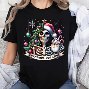 100% Cotton Sorta Merry Sorta Scary Halloween Christmas Skeleton Santa Hat Tree Hot Chocolate Mug Funny Holiday T-Shirt