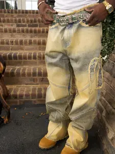 Men's High Street Patch Embroidered Vintage Slouchy Wide Leg Pants, Casual Loose-Fitting Denim Jeans, Trendy Rugged Design