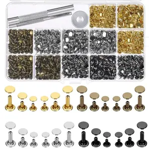 480 Sets Small Double Cap Leather Rivets 4 Colors 3 Sizes (Cap Diameter: 6mm/8mm/8mm) Tubular Metal Studs with 3 Pieces Setting Tool Kit for Leather Craft Repairs Decoration