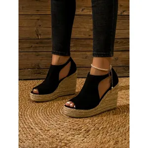 Women's Fashionable Espadrille Peep Toe Wedge Sandals, Casual Hollow Out Design Buckle Decor Flatform Shoes For Beach Party Vacation, Fashion Shoes For Party, Daily Clothing Decor