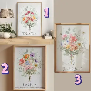 Family Birth Flower Bouquet Poster, Gift for Mom, Personalized Watercolor Birth Month Flower Print,  Mother's Day Gift, CUSTOM Matte Physical Print, Please Note Your Custom