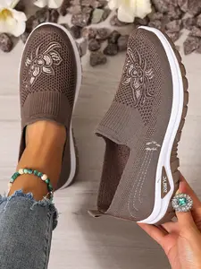 Women's One-Click Slip-On Casual Sports Shoes, Embroidered Peony Design, Lightweight Comfortable Running Shoes, All Season Wear Walking Shoes, Mesh slip on