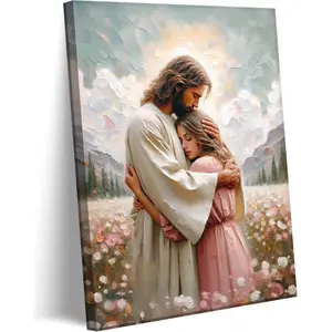 Jesus Hugging woman Canvas Wall Art Embracing Woman Safe in His Arms Decor Picture Christian Paintings Prints Christ Poster for Bedroom Living Room Dining Home Healing Embrace Print Church Decoration Ornaments Photo