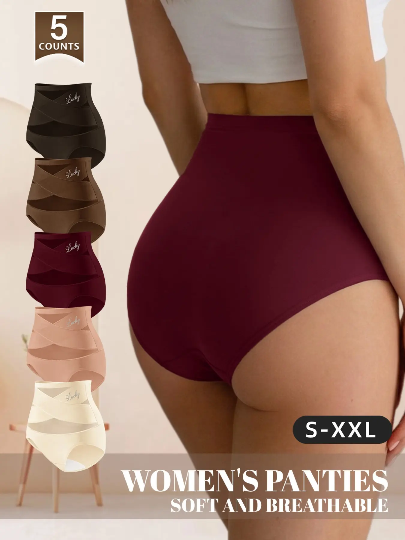 Morelect Women's High-Waisted Casual Everyday Basic Underwear Set, 5 Pcs, Breathable Mesh, Seamless Triangle Panties, Shapewear, Sizes S-Xxl