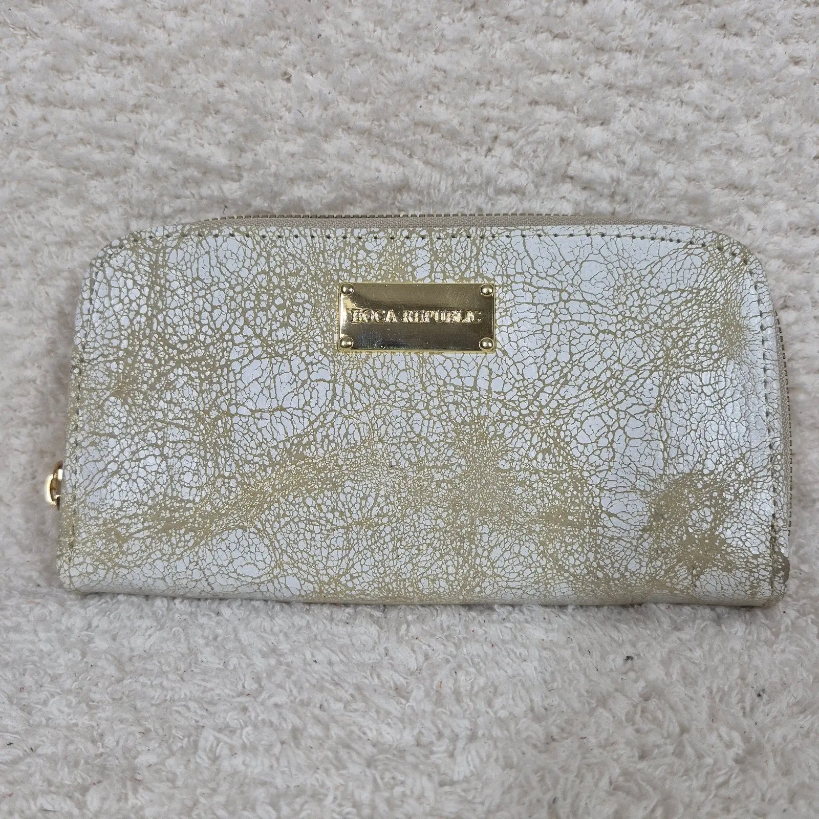 Cream Gold Crackle Leather Double Zip Bifold Wallet | Handmade in Mexico
