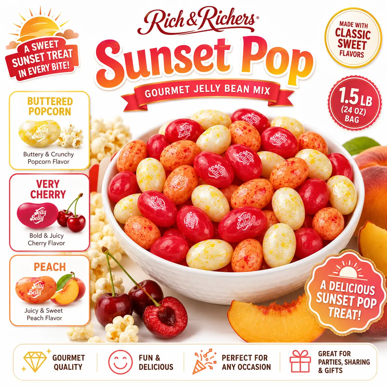 RICH & RICHERS Jelly Belly 1.5lb Viral Flavor Combo Jelly Beans Very Cherry Butter Popcorn Peach Bulk Candy Mix TikTok Trending Sweet Snack Bag - Bonbon