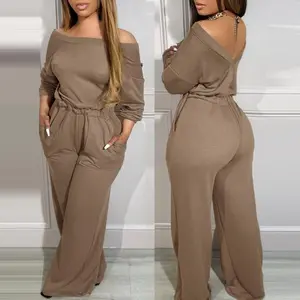 Women's Off Shoulder Jumpsuit - V Back with Pockets, Stretchy Cinched Waist & Wide Leg Pant Casual One Piece Outfit Wedding Guest