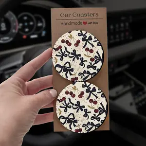 Coquette Cherry Car Coasters, Bow & Cherry Print Aesthetics, 2/4 Pieces Creative Gift, Car Interior Accessory