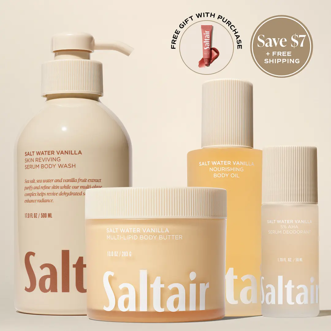 Saltair Salt Water Vanilla Bodycare Vault Set - Serum Body Wash (17 fl oz), Serum Deodorant (1.7 fl oz), Nourishing Body Oil (4 fl oz) & Multi-Lipid Body Butter (10 oz) Bundle for Soft, Glowing Skin -  Vanilla, Sea Salt, Creamy Sandalwood