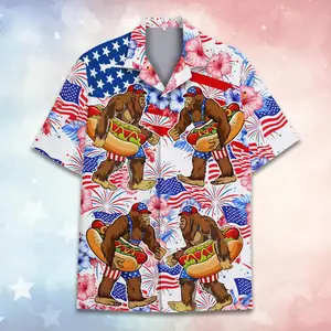 Patriotic Bigfoot Hawaiian Shirt Men Women, Funny USA Sasquatch Hot Dog Aloha Shirt, 4th of July Short Sleeve Button Down